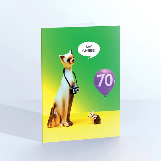 70th Birthday Say Cheese Photographer Cat Greetings Card