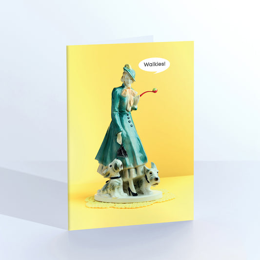 Walkies, lady with dogs Greetings Card
