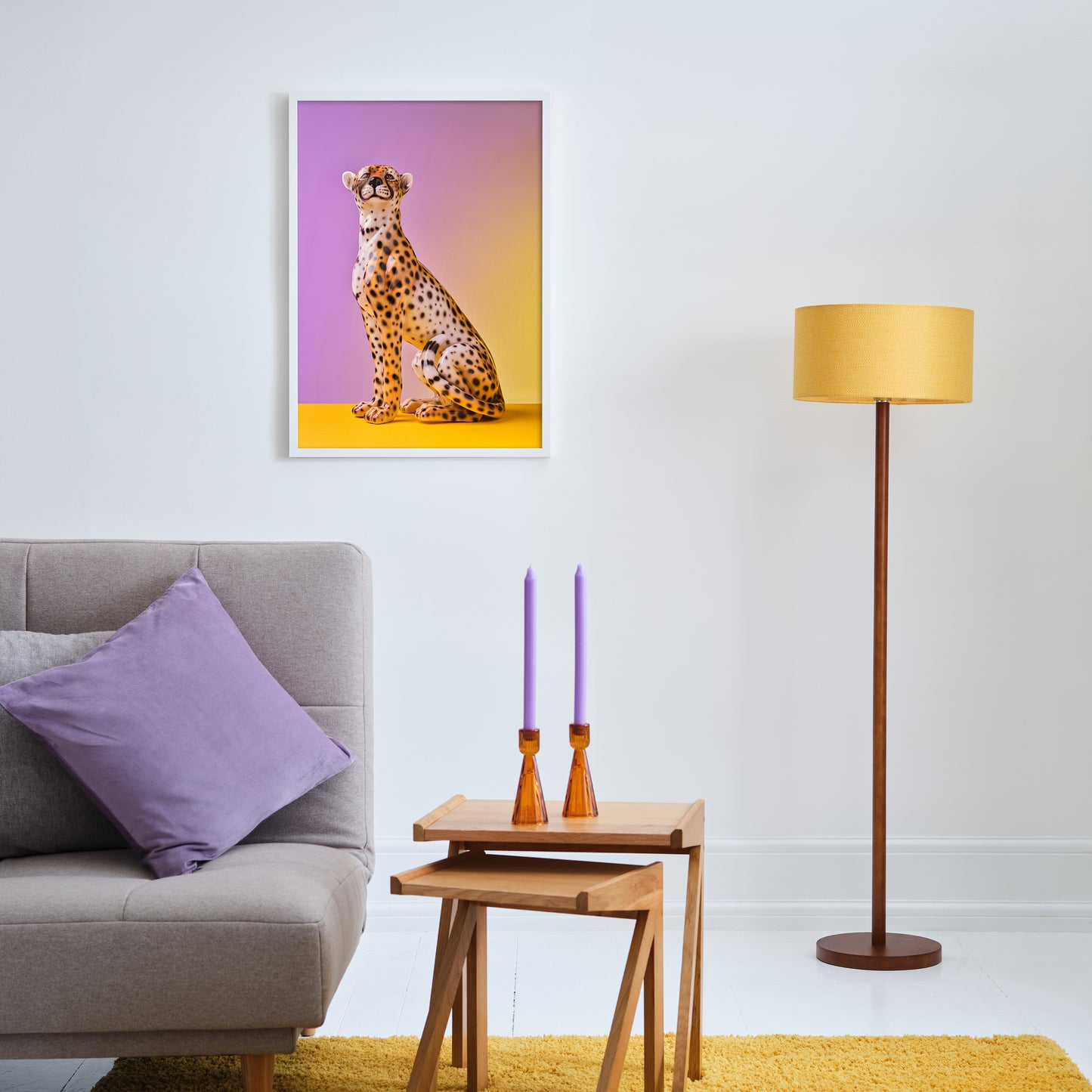 "Seated cheetah, lilac clash" giclée photo print
