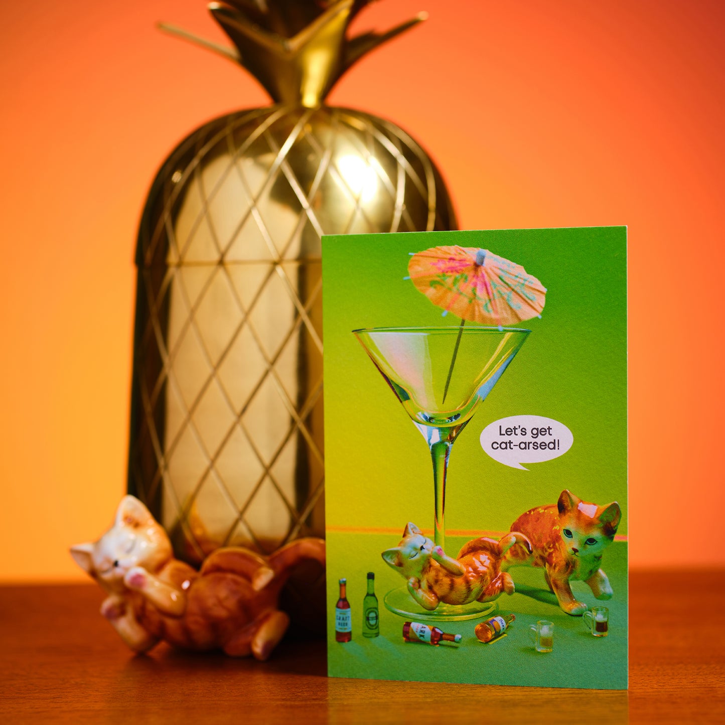 Lets Get Cat-Arsed Cocktail Glass Cat Greetings Card
