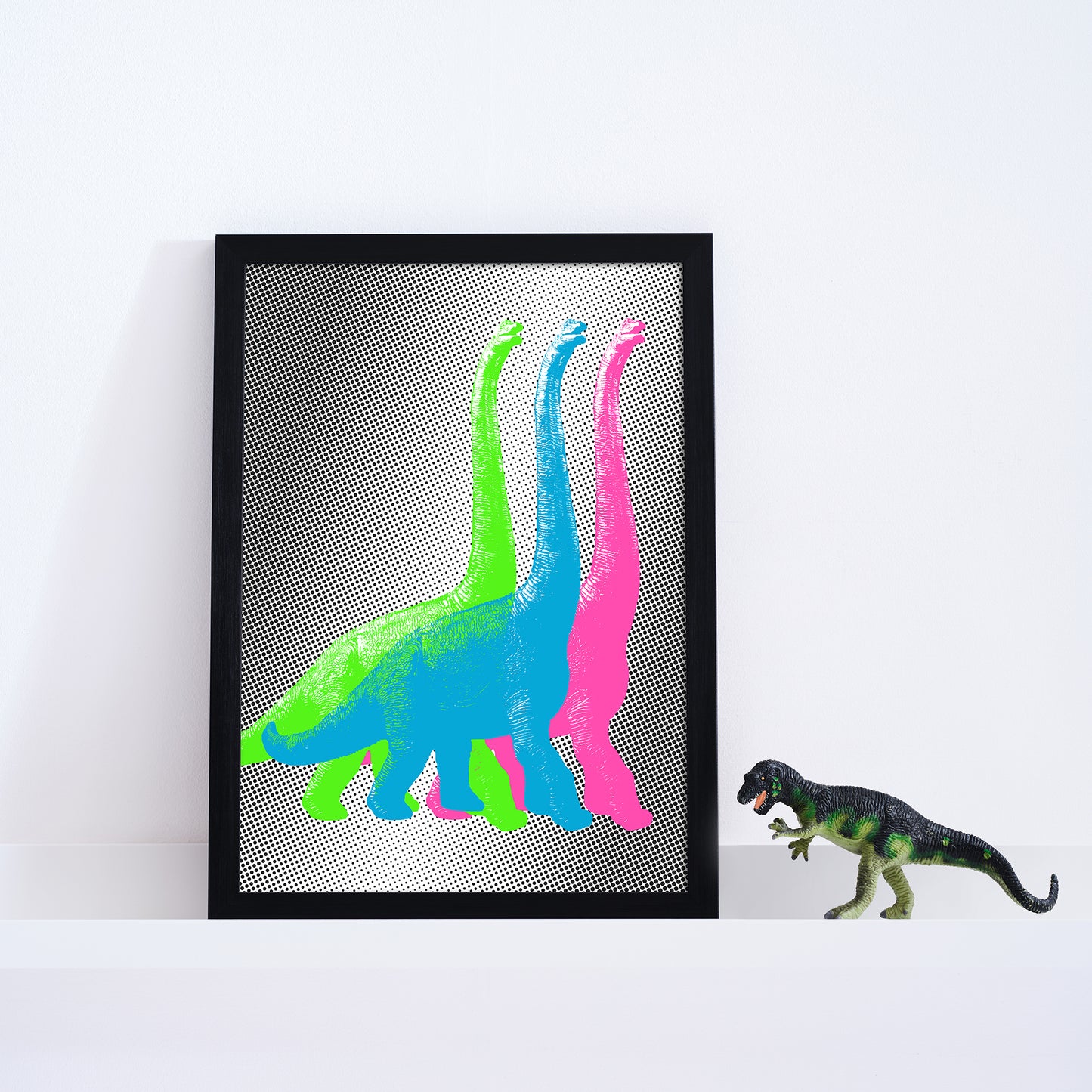 "Marching dinos, neon pop" giclée photo print