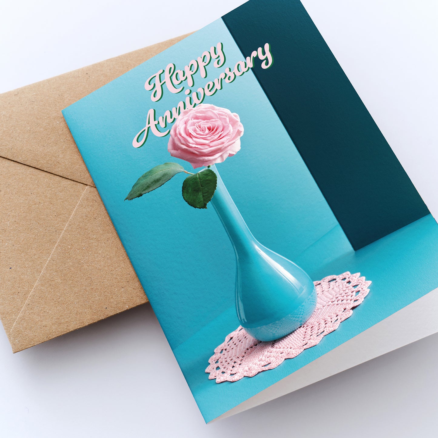 Vintage Rose Vase Happy Anniversary Card