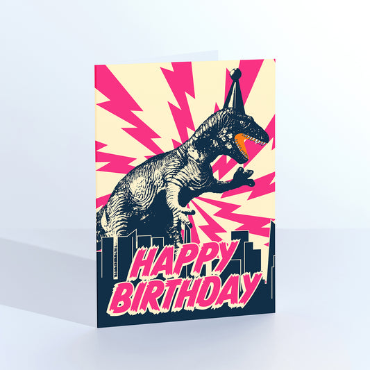 Monster Birthday Pink Dinosaur Greetings Card