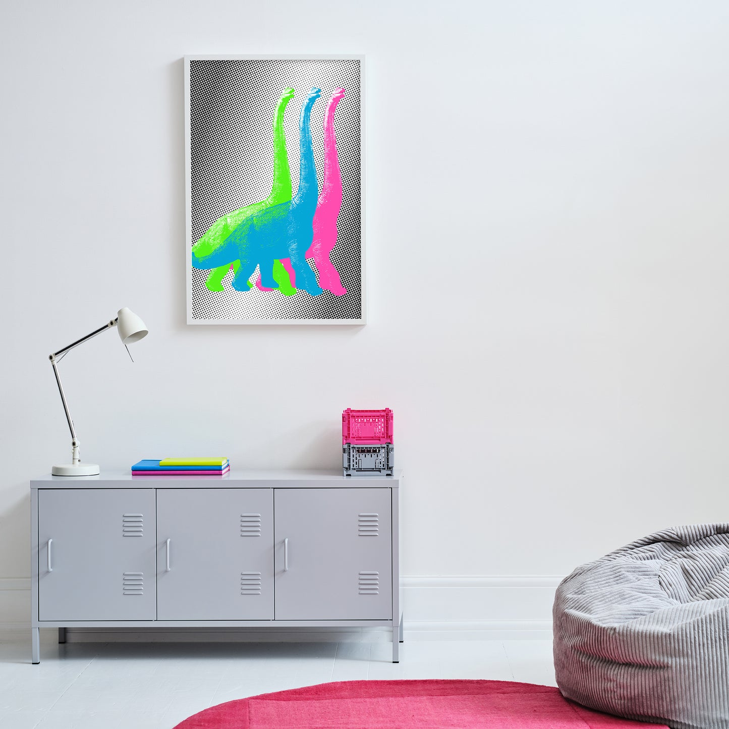 "Marching dinos, neon pop" giclée photo print