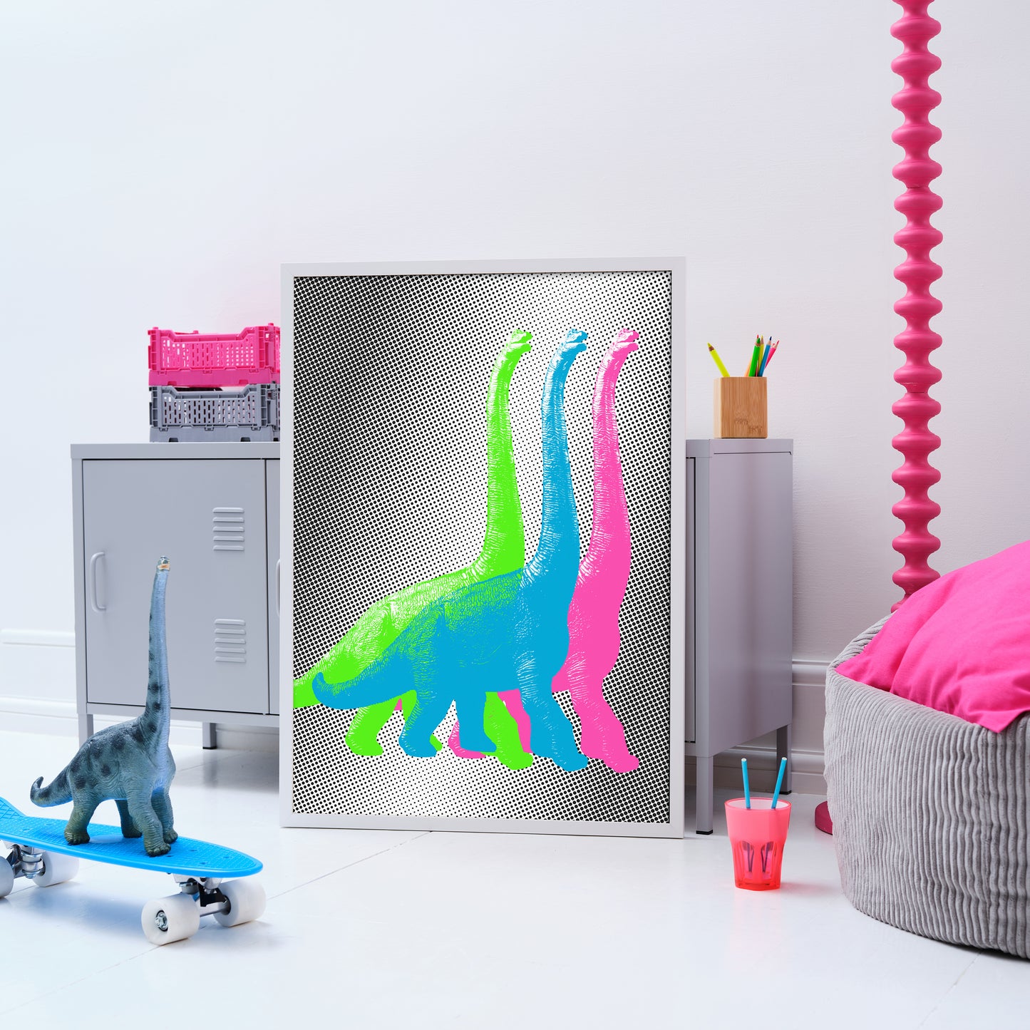 "Marching dinos, neon pop" giclée photo print