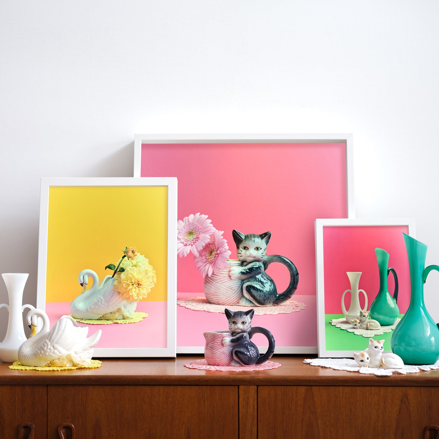 "Nana's house, bright kittens and vase" giclée photo print