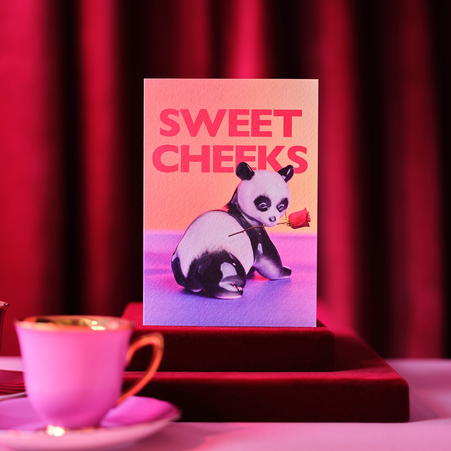Sweet Cheeks Panda With Red Rose Greetings Card